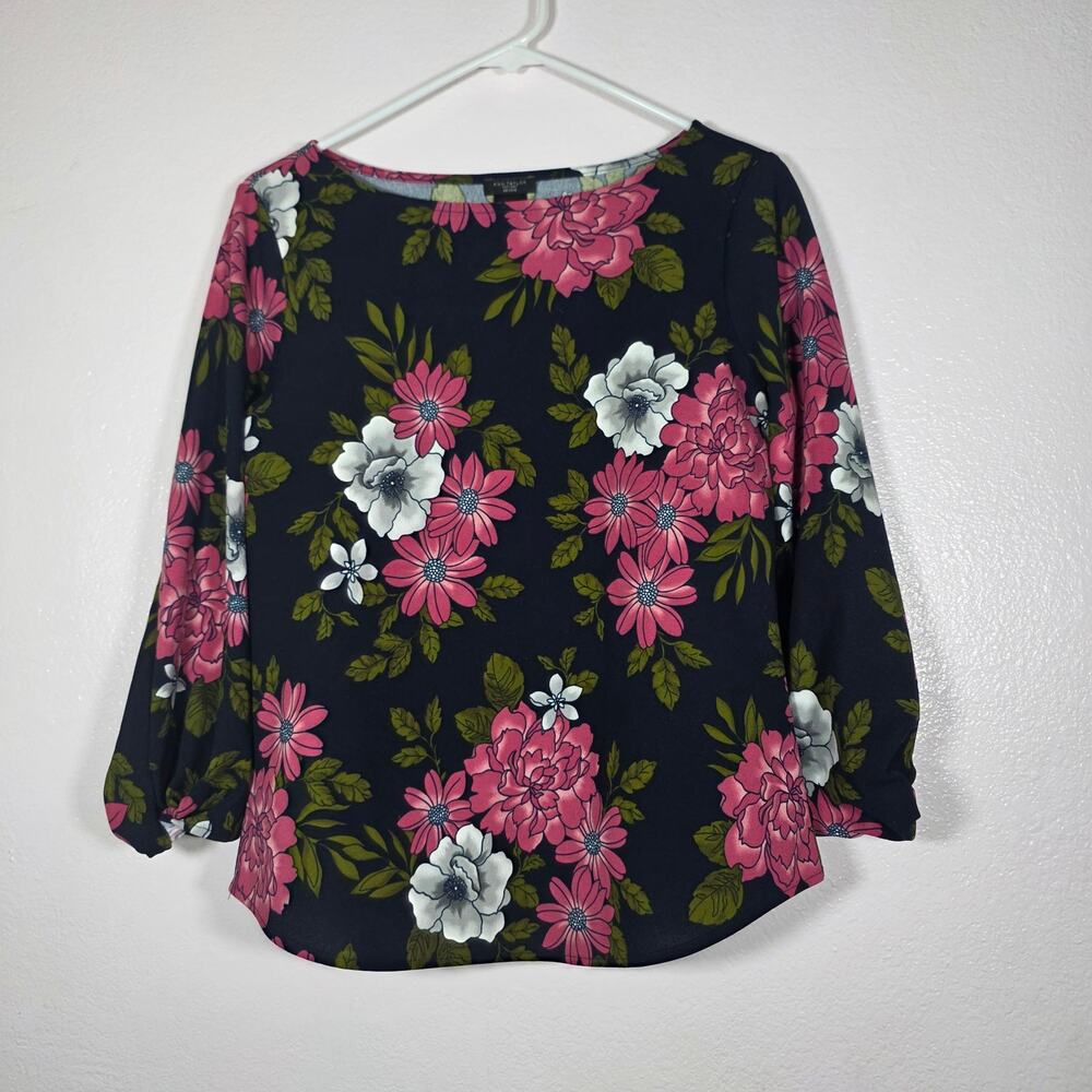 Ann Taylor Factory Petite Floral Blouse 3/4 Sleeve Black Pink Women’s S